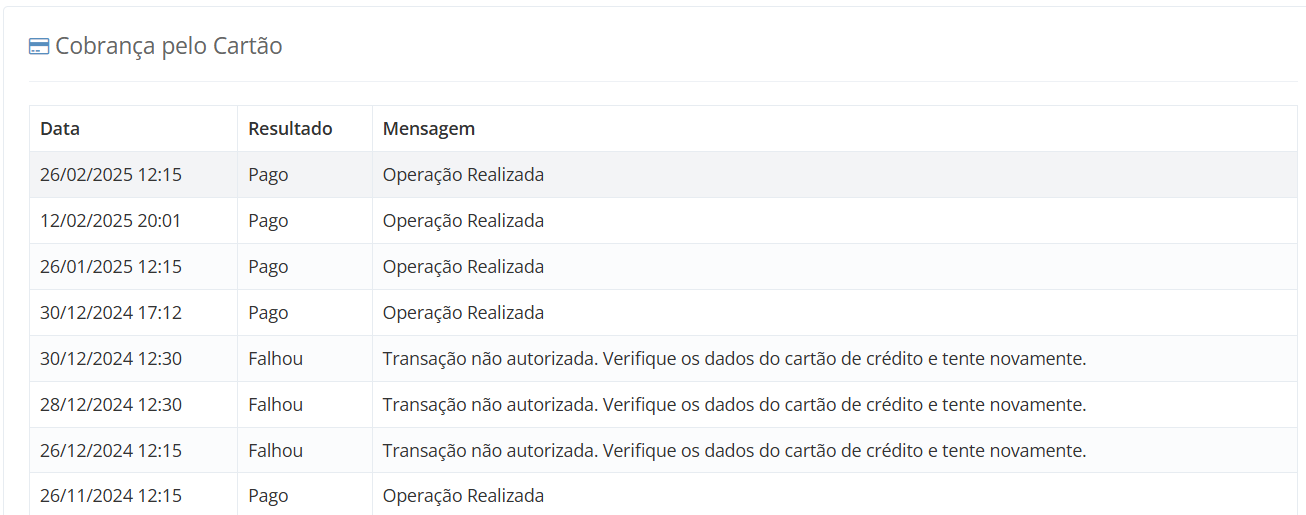 Exemplo de Históricao de cobranças